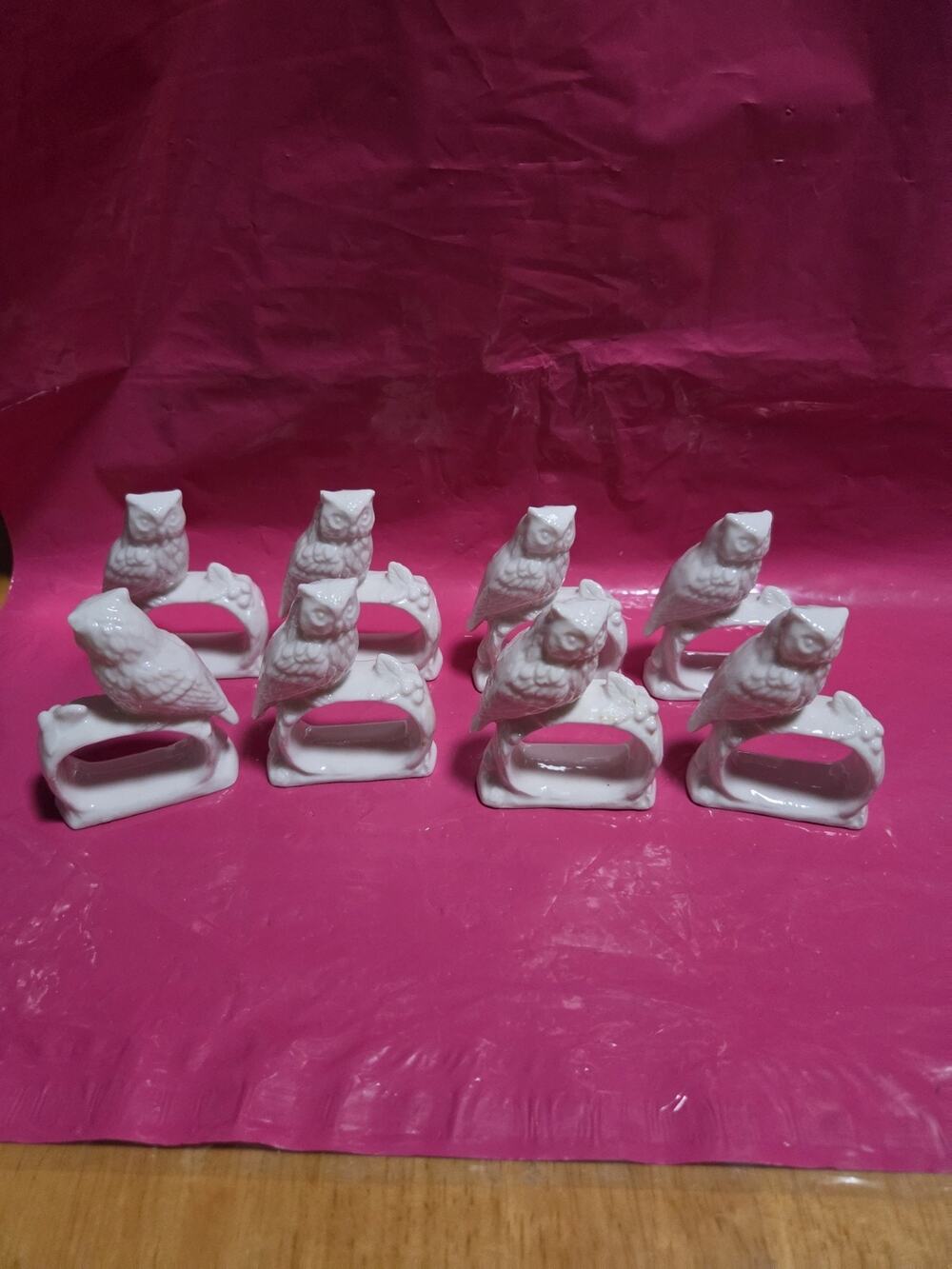Set of Eight (8) WHITE Porcelain SITTING OWL NAPKIN RINGS Ardalt Taiwan c. 1980s